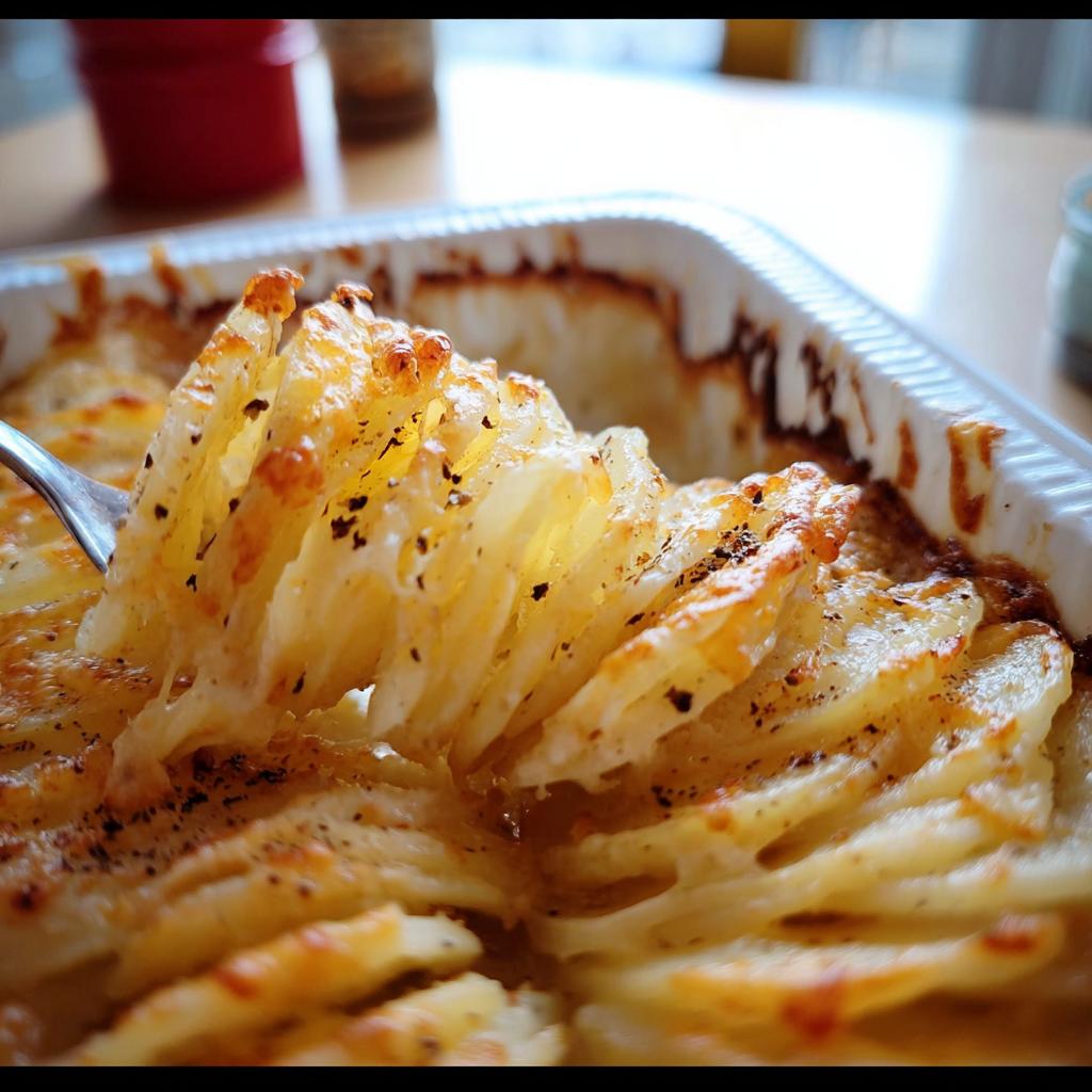 Close-up of a fork lifting a portion of baked Cheesy Scalloped Potatoes showing thin layers and melted cheese.