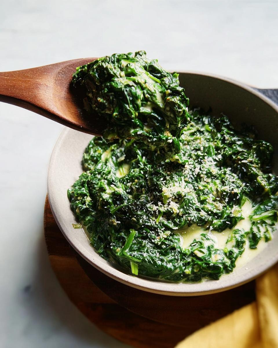 A wooden spoon lifts a generous portion of rich Creamed Spinach (Steakhouse Style) from a bowl topped with grated cheese.