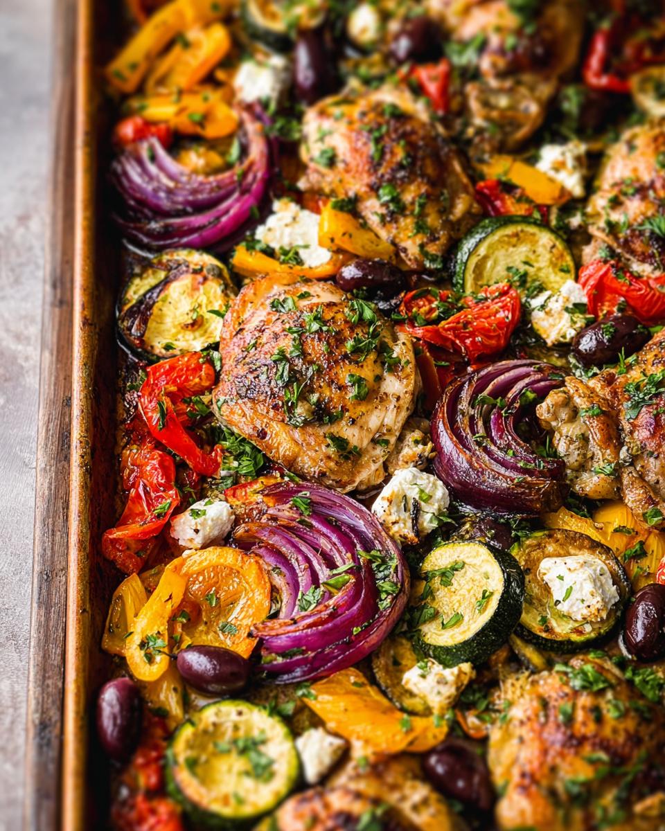 Close-up of golden brown Sheet Pan Chicken & Veggies with roasted red onion, zucchini, peppers, feta, and olives.