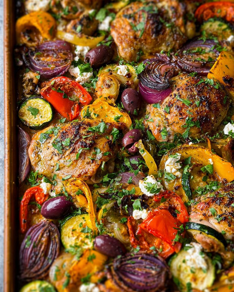 A close-up overhead view of Sheet Pan Chicken & Veggies featuring roasted chicken thighs, red onions, peppers, zucchini, olives, and feta.