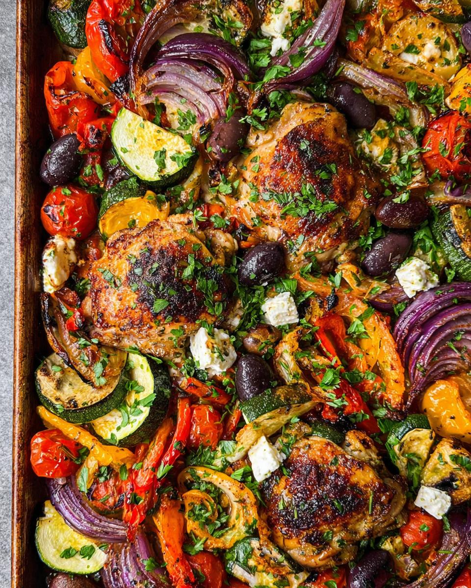 Overhead view of Sheet Pan Chicken & Veggies featuring crispy chicken thighs, roasted red onions, zucchini, peppers, olives, and feta.