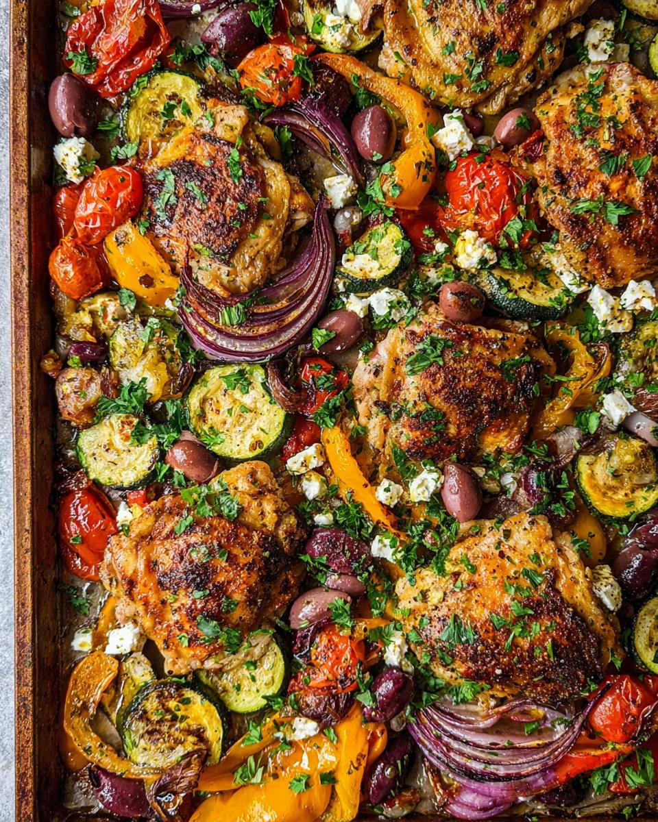 Close-up of Sheet Pan Chicken & Veggies with roasted zucchini, peppers, onions, olives, and feta.