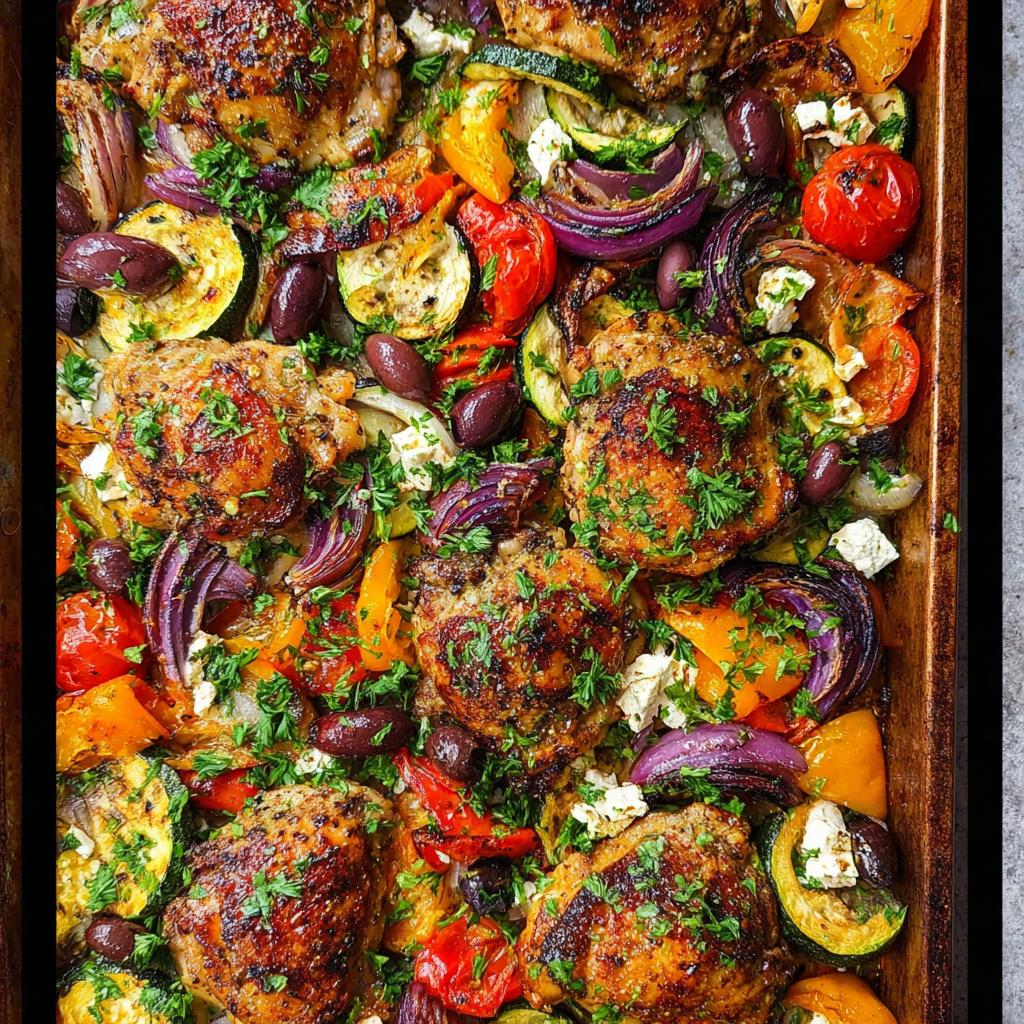 Overhead view of perfectly roasted Sheet Pan Chicken & Veggies, including chicken thighs, red onion, zucchini, and olives.