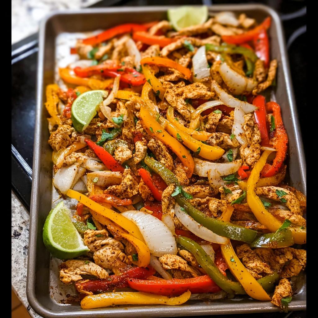 A close-up view of colorful Sheet Pan Fajitas with chicken strips, red, yellow, and green bell peppers, and onions, garnished with lime wedges and cilantro.