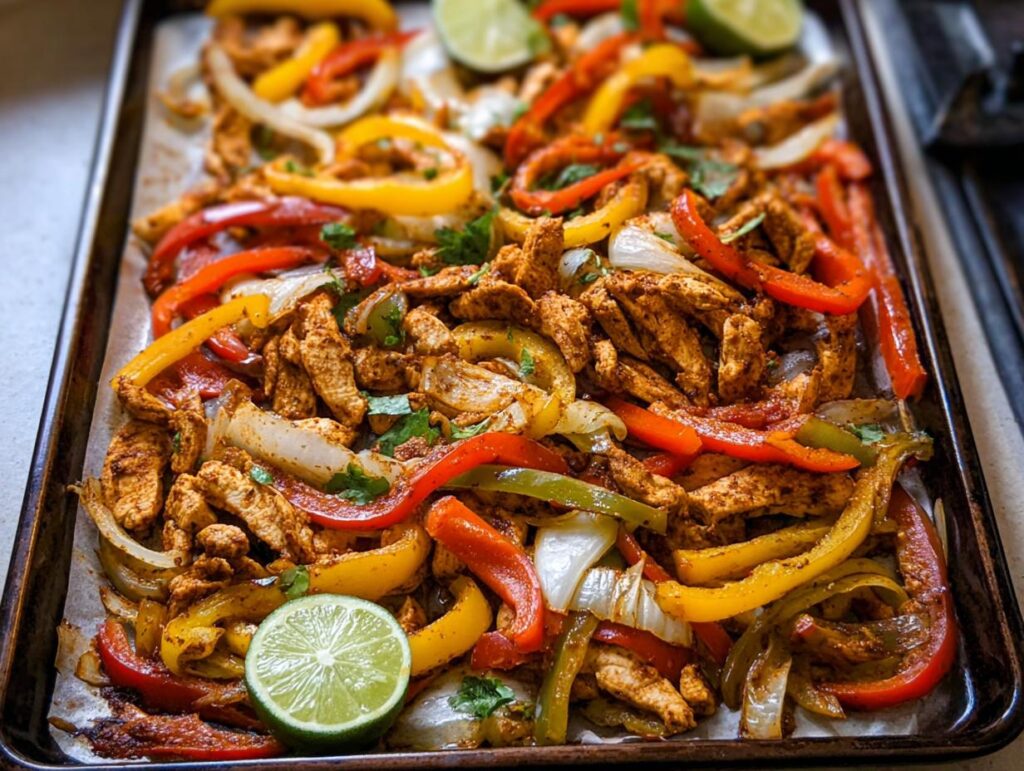 A close-up view of vibrant Sheet Pan Fajitas with seasoned chicken strips, sliced bell peppers (red, yellow, green), and onions, garnished with lime wedges and cilantro.