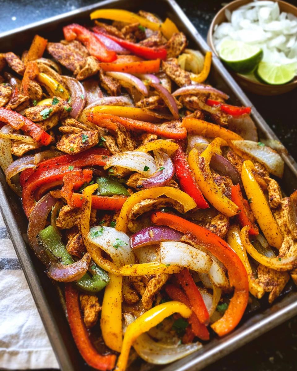 A close-up of vibrant Sheet Pan Fajitas featuring sliced chicken, red, yellow, and green bell peppers, and red onion, seasoned and roasted on a baking sheet.