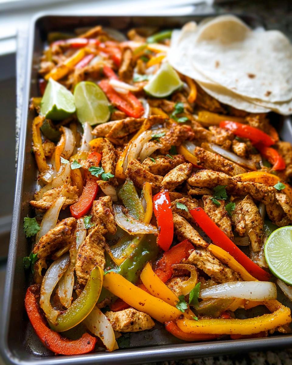 Close-up of colorful Sheet Pan Fajitas with chicken strips, bell peppers, onions, lime wedges, and tortillas.