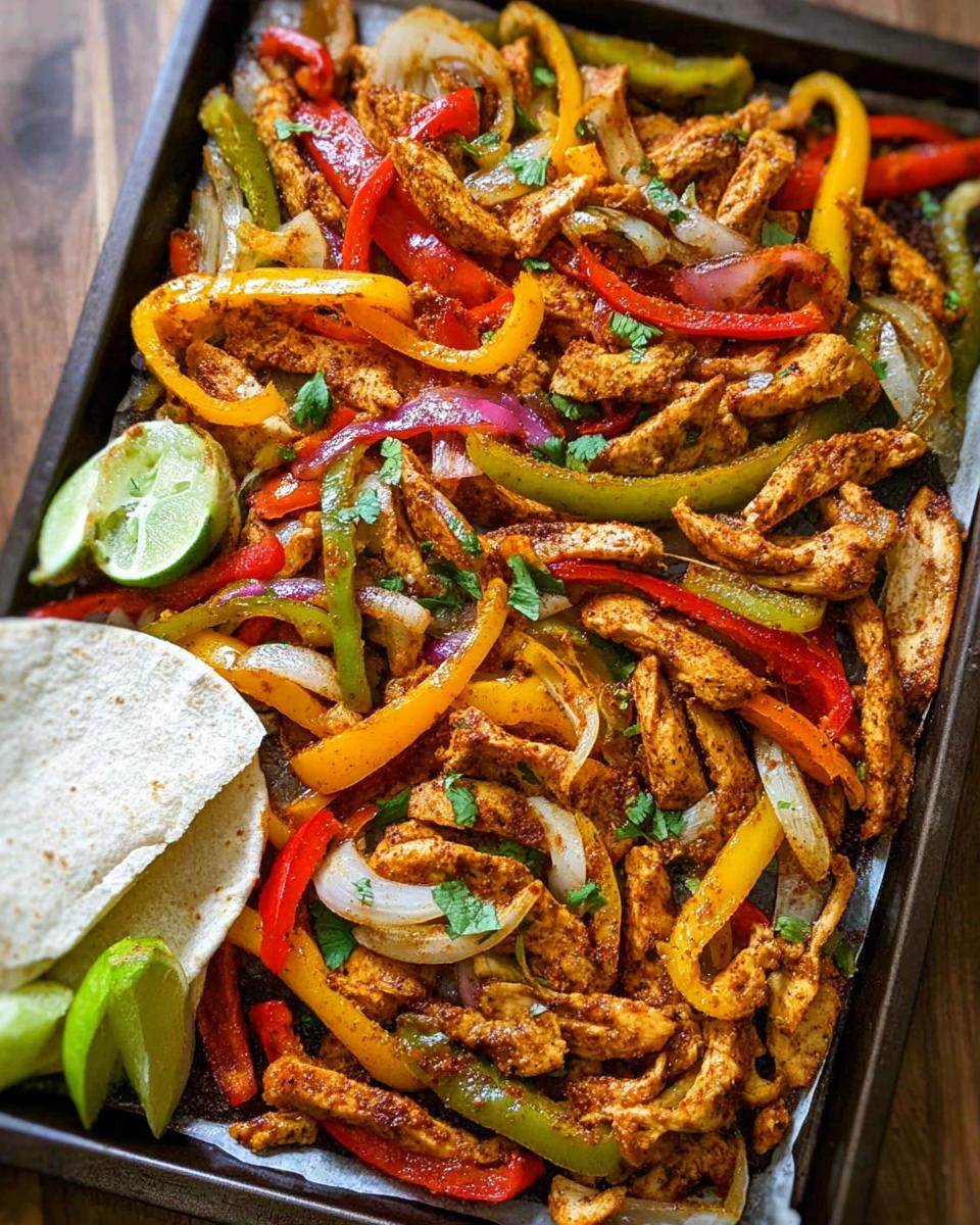 A close-up overhead view of vibrant Sheet Pan Fajitas with sliced chicken, red, yellow, and green bell peppers, and onions, garnished with cilantro and lime wedges.