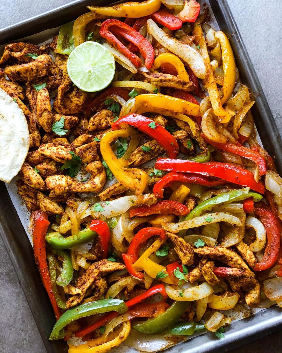 A close-up overhead view of vibrant Sheet Pan Fajitas featuring seasoned chicken strips, red, yellow, and green bell peppers, and onions on a baking sheet.