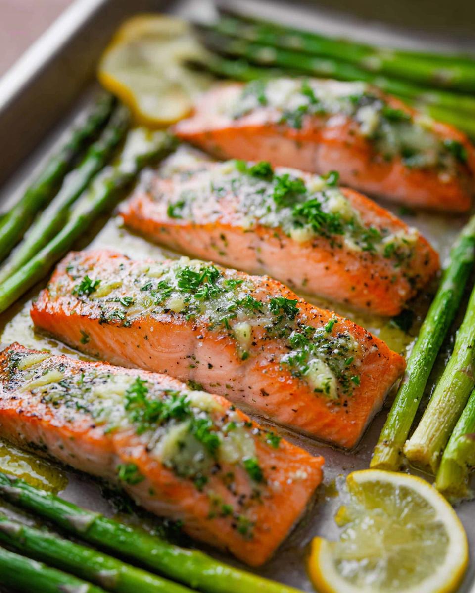 Four baked salmon fillets topped with garlic butter and parsley, surrounded by bright green asparagus spears and lemon slices.