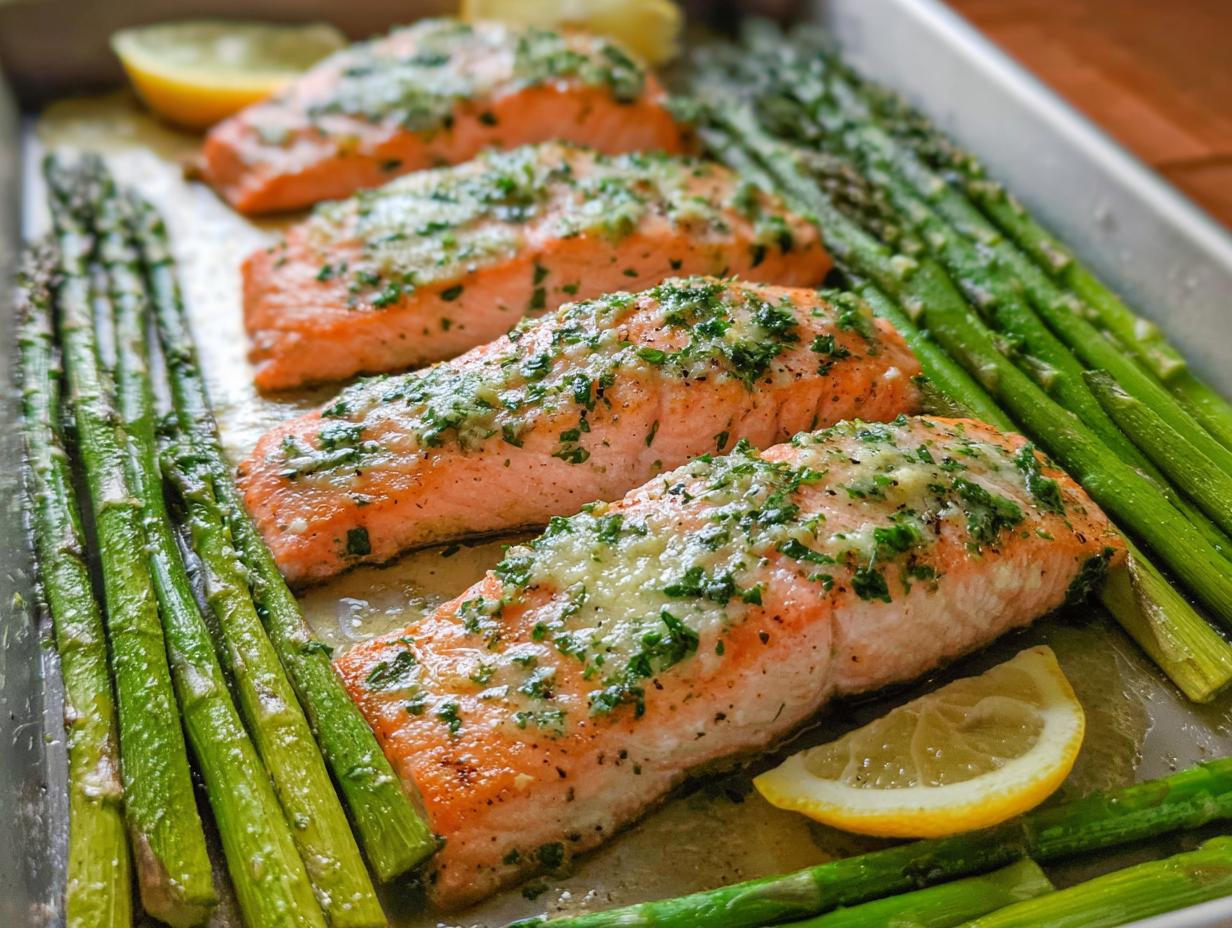 Four fillets of Garlic Butter Salmon & Asparagus baked on a sheet pan with lemon slices.