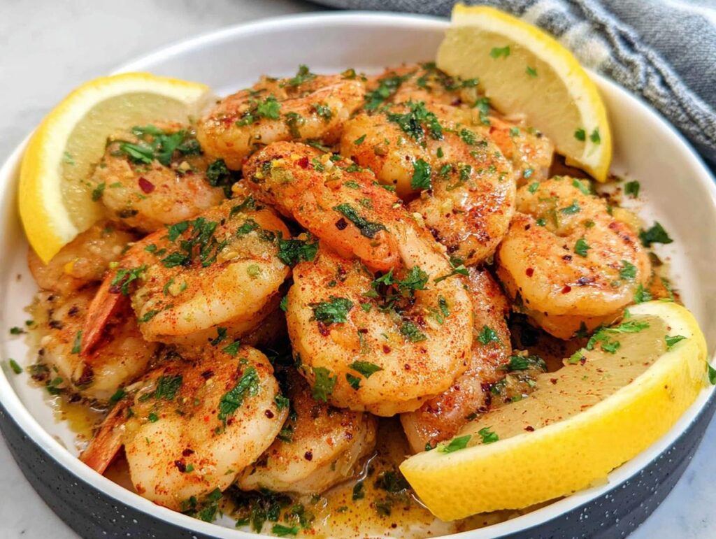 A close-up of cooked Garlic Butter Shrimp seasoned with paprika and parsley, served in a white bowl with lemon wedges.