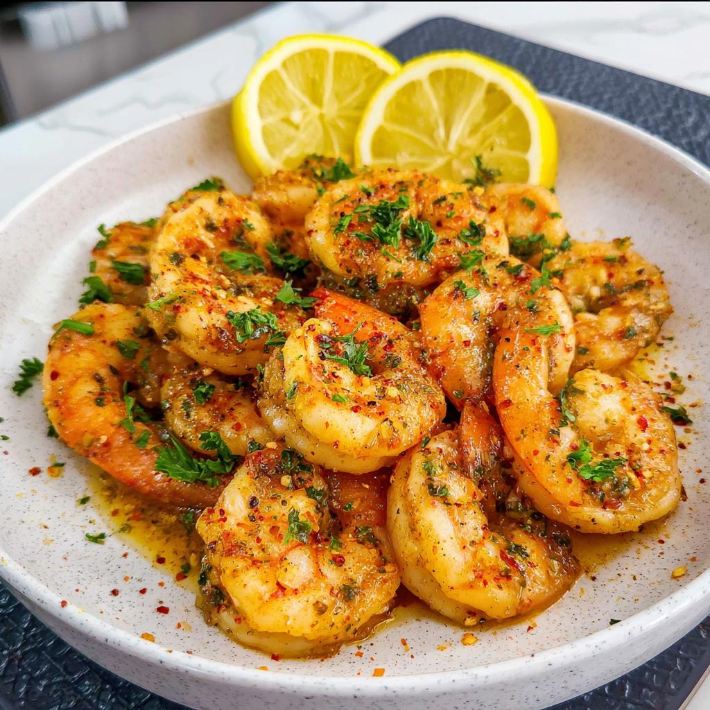 A close-up of juicy Garlic Butter Shrimp seasoned with herbs and chili flakes, served with lemon slices.