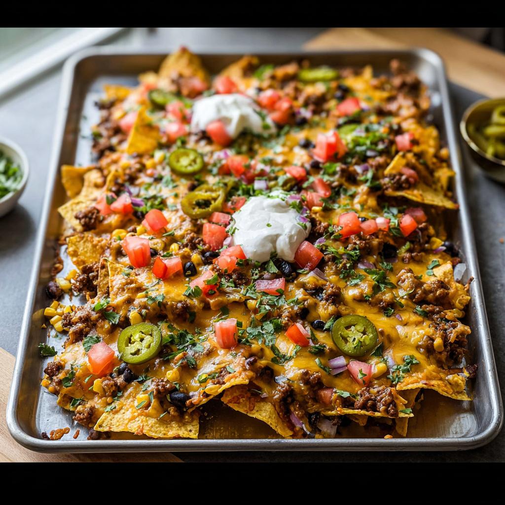 A large sheet pan filled with fully loaded Sheet Pan Nachos, topped with melted cheese, ground beef, tomatoes, and sour cream.