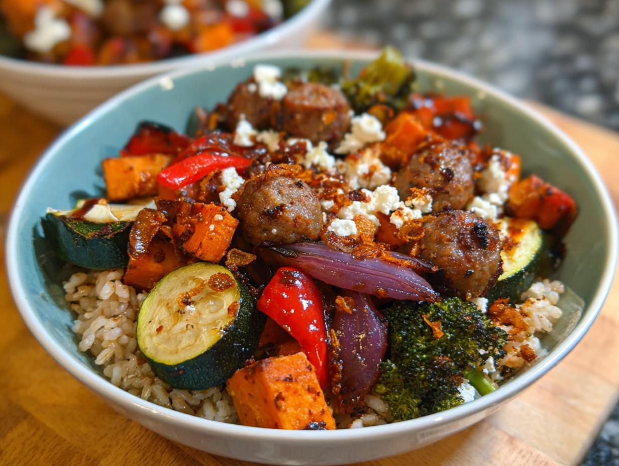 A close-up of a Sheet Pan Veggie Bowl filled with rice, roasted vegetables, meatballs, and feta cheese.