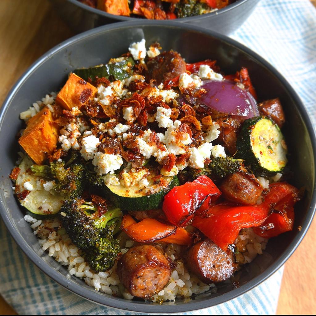 A close-up of a Sheet Pan Veggie Bowl filled with rice, roasted vegetables like broccoli, zucchini, bell peppers, sweet potatoes, sausage, crumbled feta, and crispy onions.