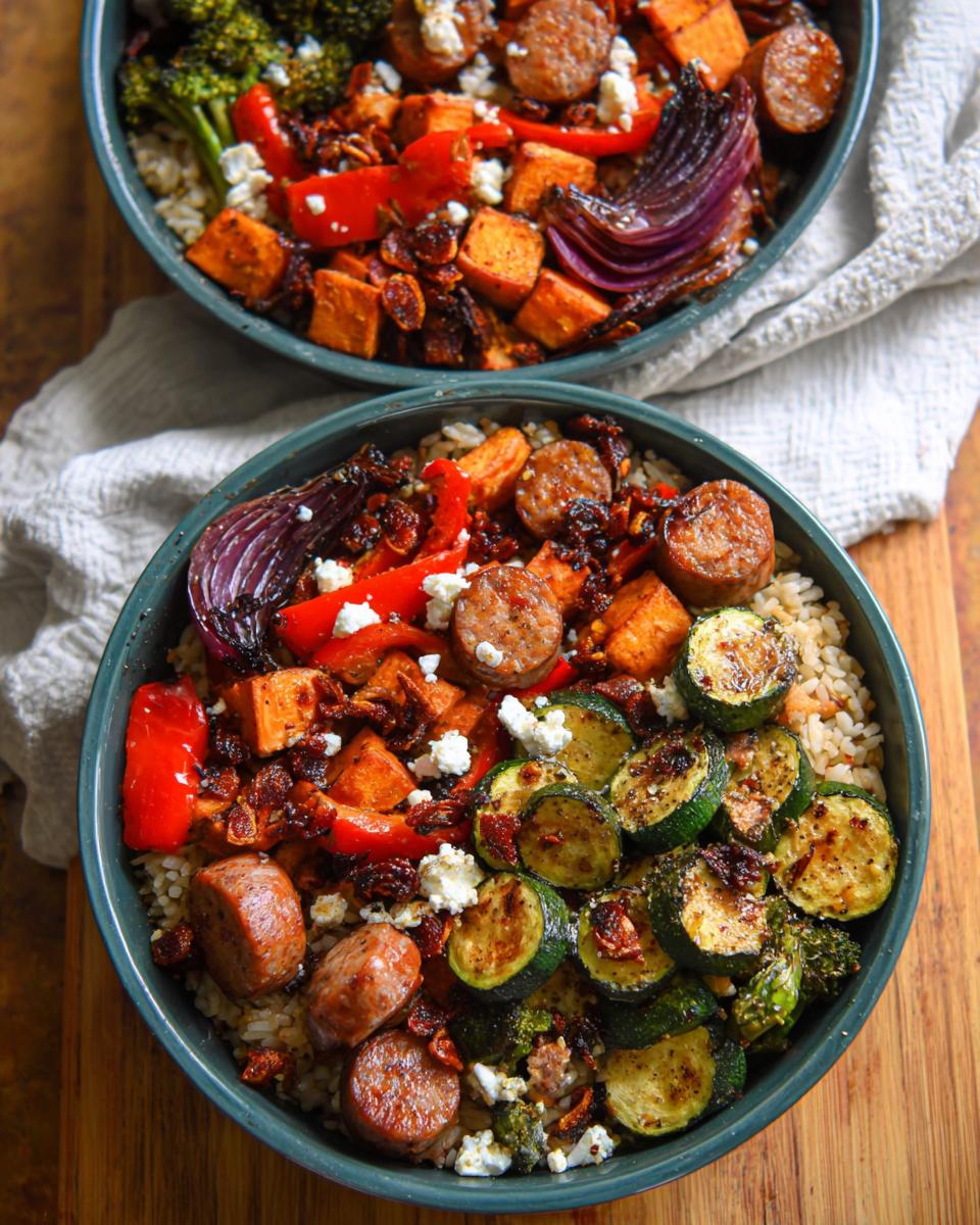 Two delicious Sheet Pan Veggie Bowls filled with rice, roasted sweet potatoes, red peppers, red onion, sausage, zucchini, broccoli, and feta cheese.