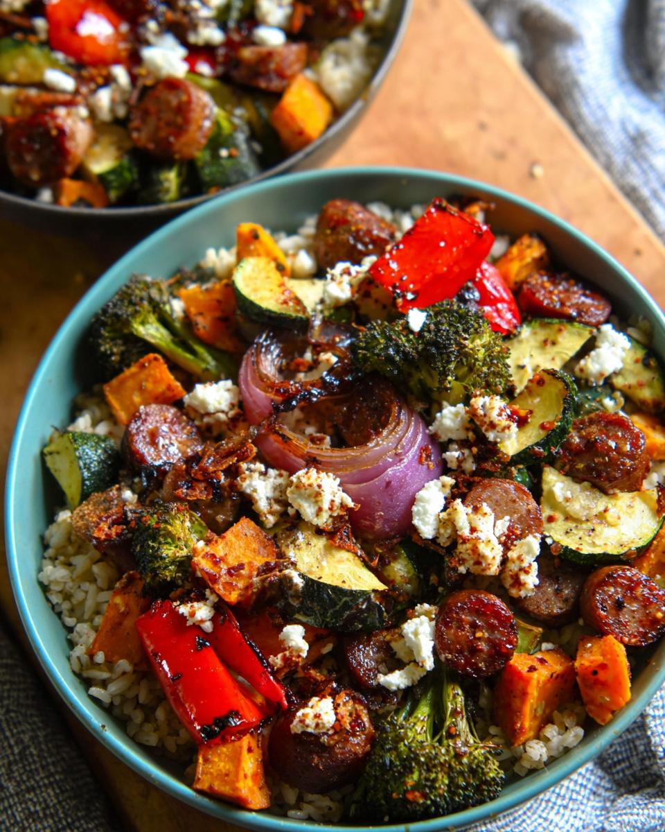 Close-up of a Sheet Pan Veggie Bowl filled with rice, roasted vegetables, sausage, and crumbled feta cheese.