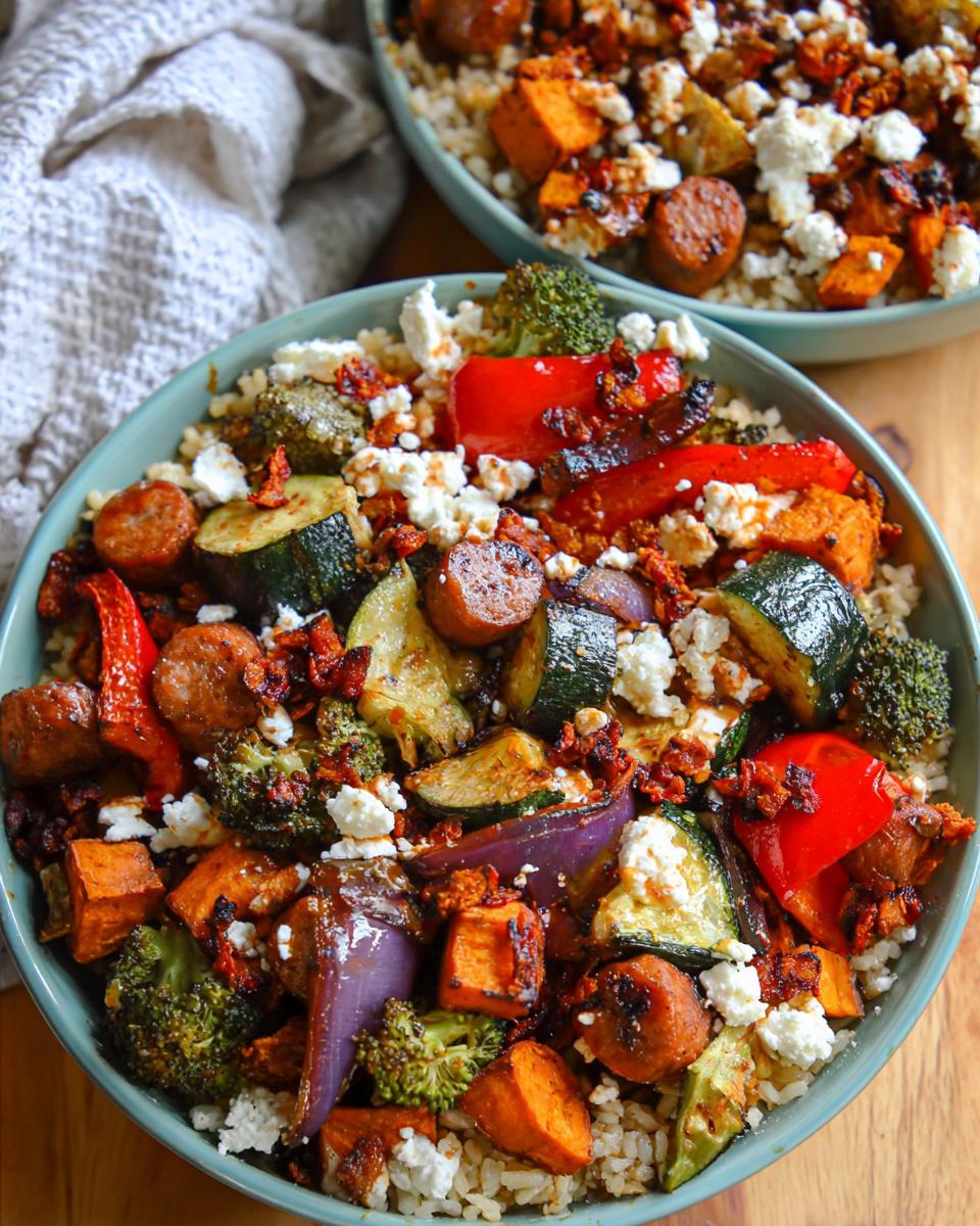 Close-up of a Sheet Pan Veggie Bowl filled with roasted vegetables, sausage, rice, and crumbled feta cheese.