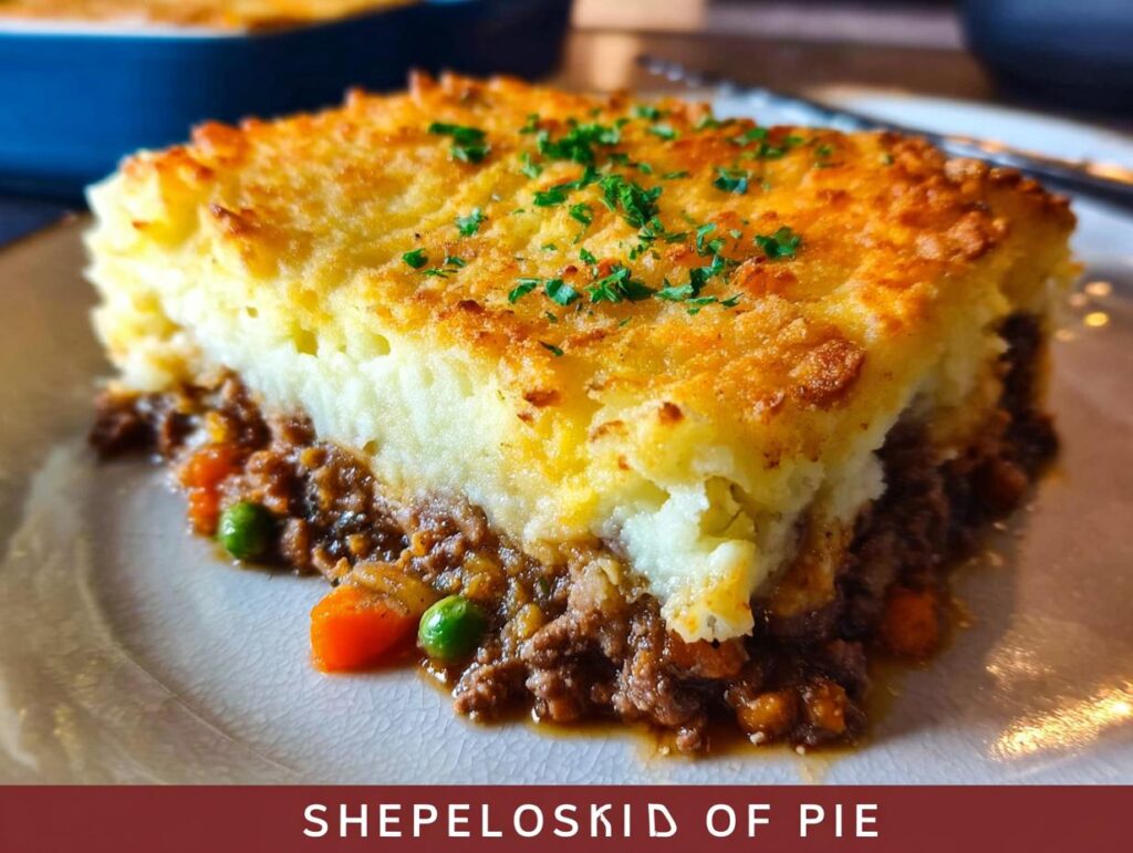 A close-up of a delicious slice of Shepherd's Pie, featuring a golden-brown mashed potato topping over a savory meat and vegetable filling.