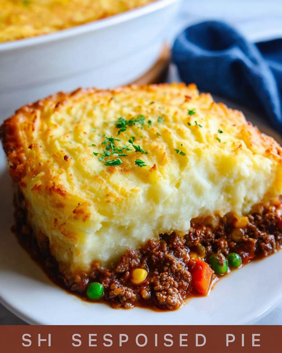 A close-up of a hearty slice of Shepherd's Pie Recipe, featuring a rich meat filling and fluffy mashed potato topping.