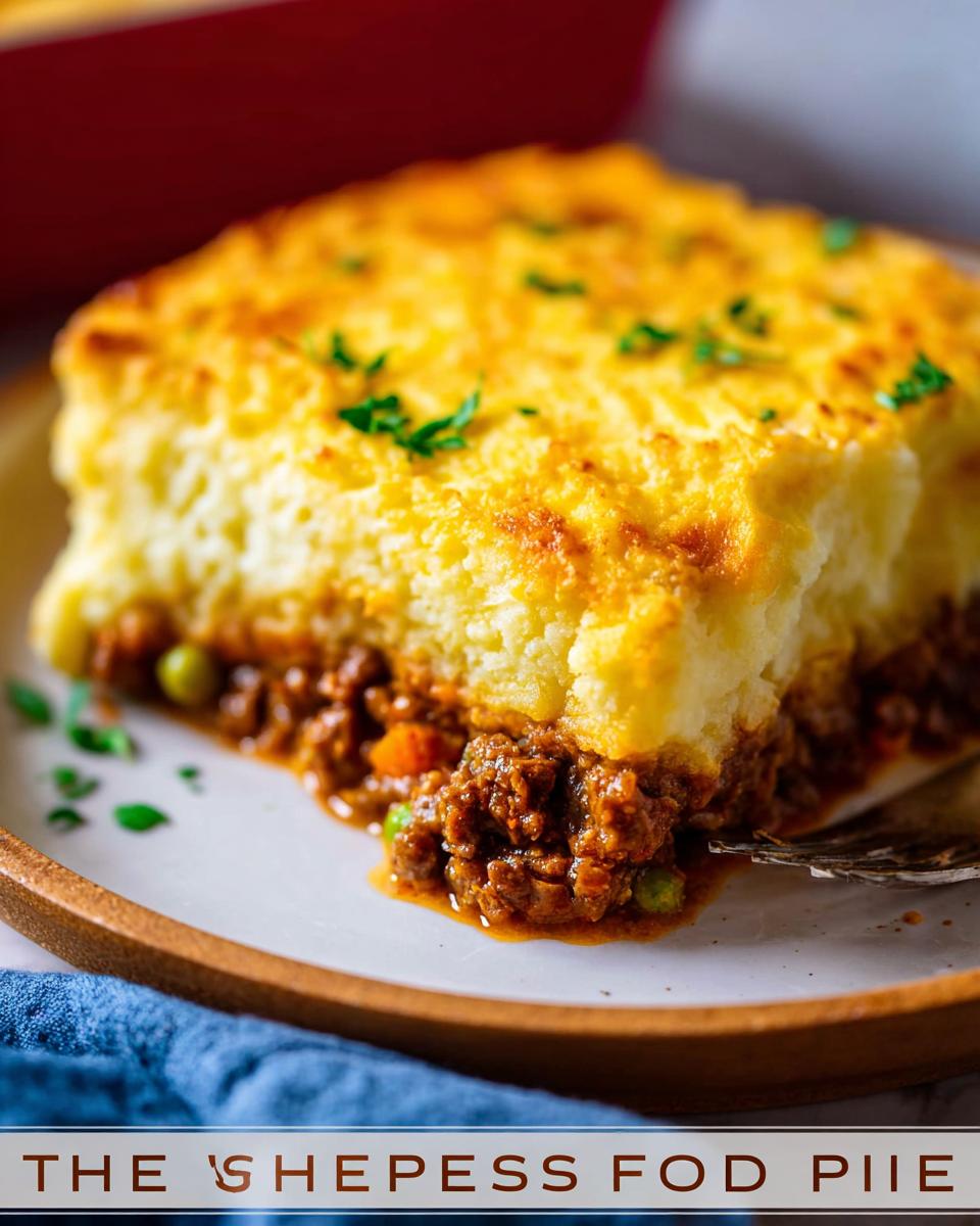 A close-up of a hearty slice of Shepherd's Pie Recipe, featuring a rich meat filling and fluffy mashed potato topping, garnished with parsley.
