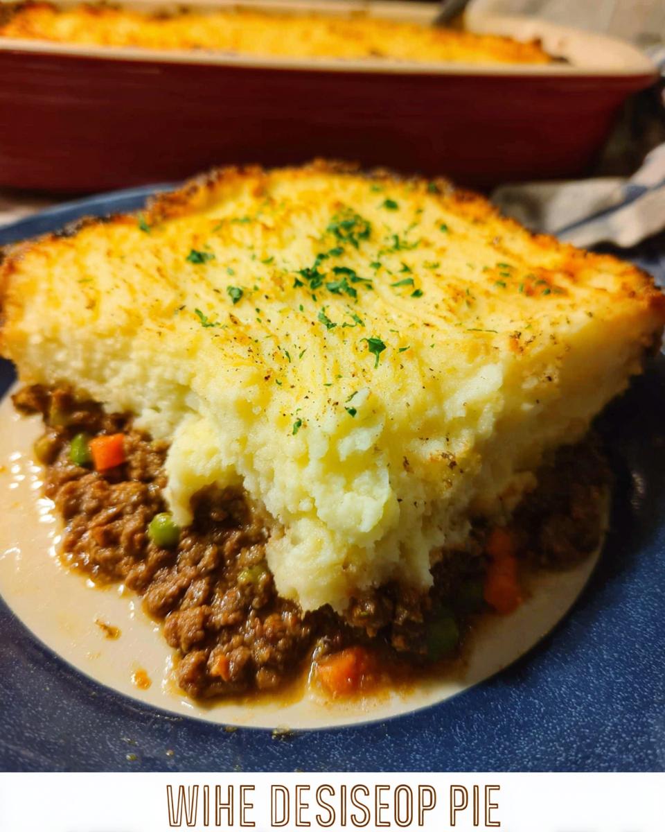 A delicious slice of Shepherd's Pie Recipe, featuring a rich meat filling and creamy mashed potato topping, garnished with parsley.
