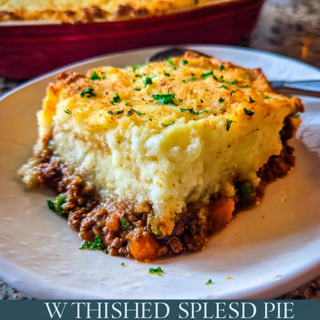 A hearty slice of Shepherd's Pie Recipe with a golden mashed potato topping and rich meat and vegetable filling.