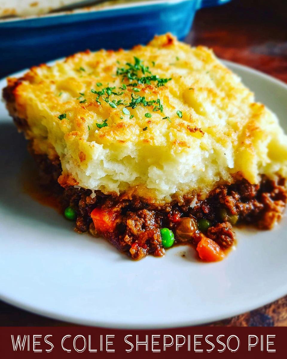 A hearty slice of Shepherd's Pie Recipe with a golden mashed potato topping and rich meat and vegetable filling.