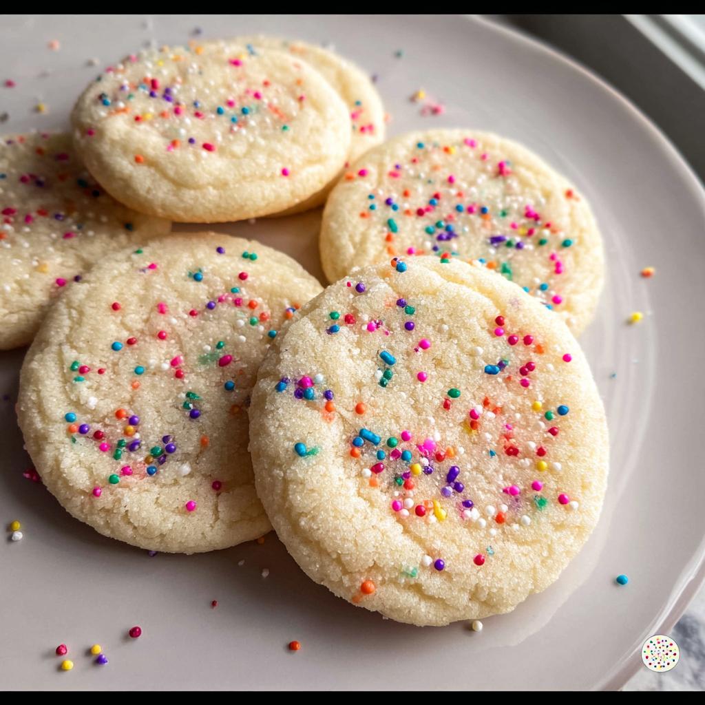A close-up of several simple sugar cookies topped with colorful sprinkles on a light gray plate.