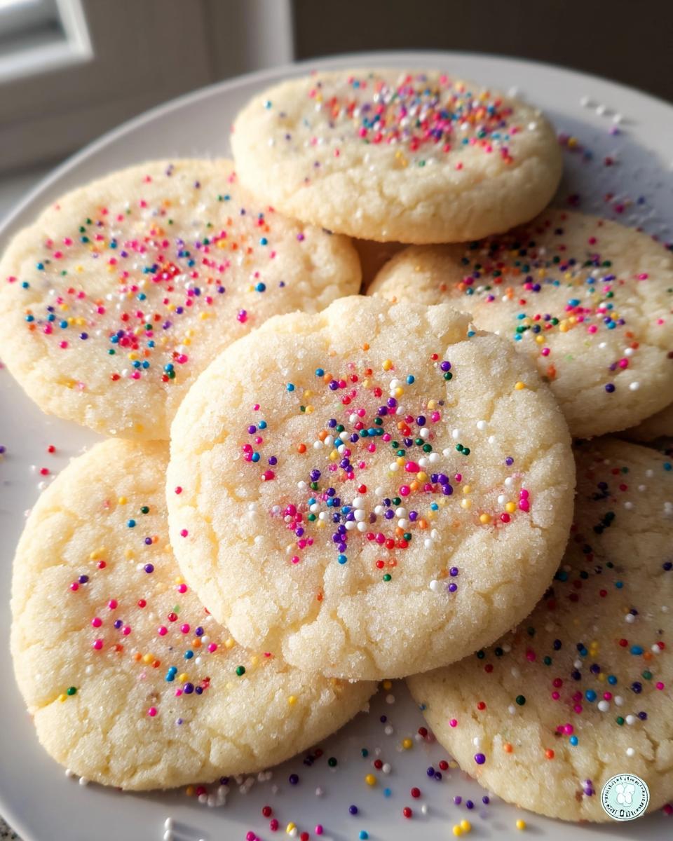 A pile of freshly baked Simple Sugar Cookies topped with colorful rainbow sprinkles on a white plate.