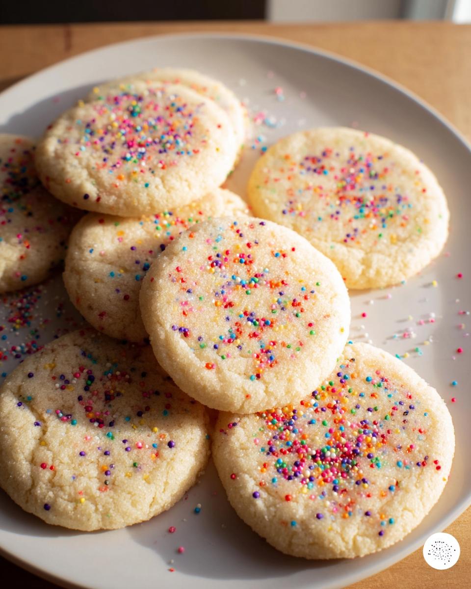 A pile of simple sugar cookies topped with colorful sprinkles on a white plate.