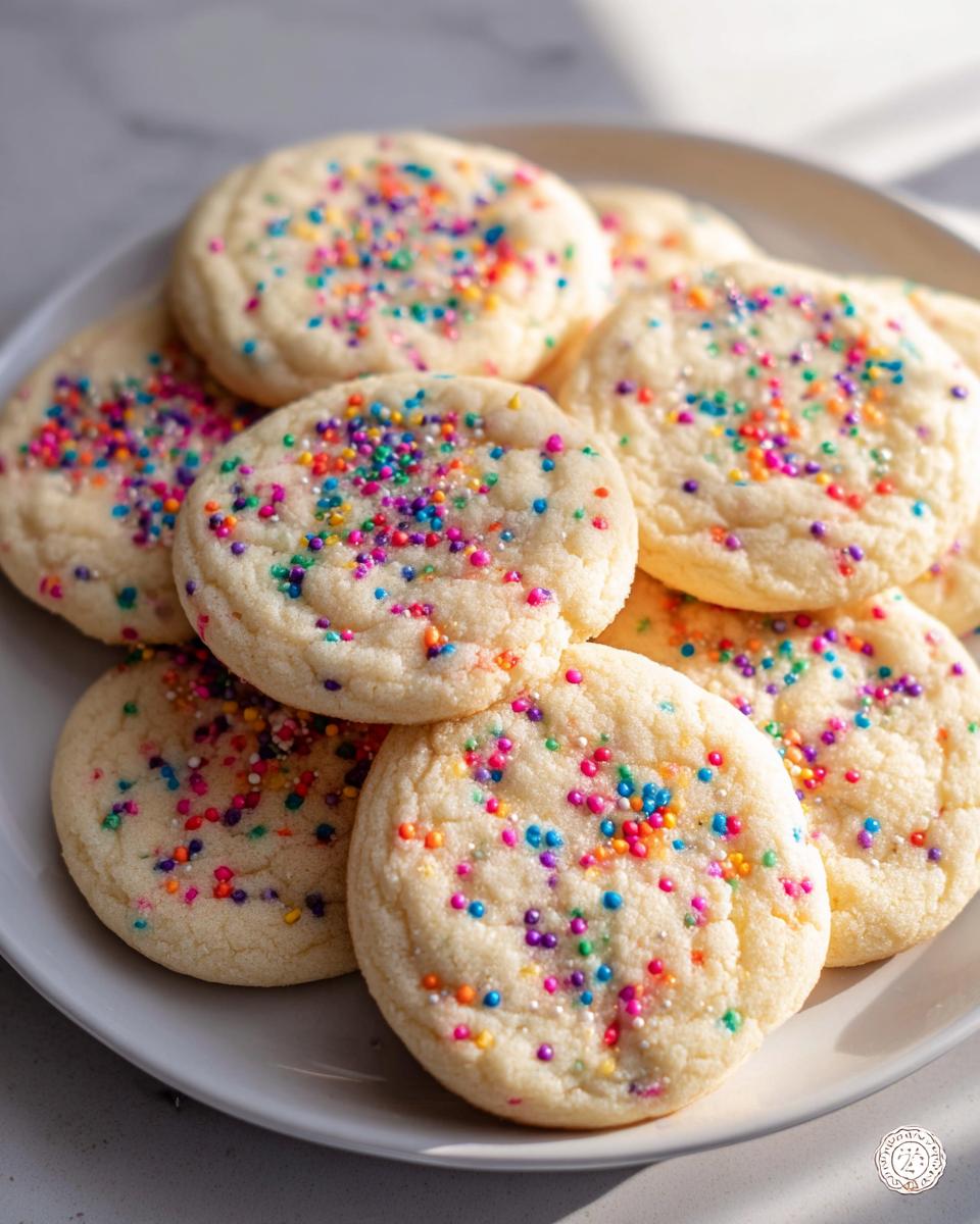 A close-up of several simple sugar cookies topped with colorful sprinkles, piled on a white plate.