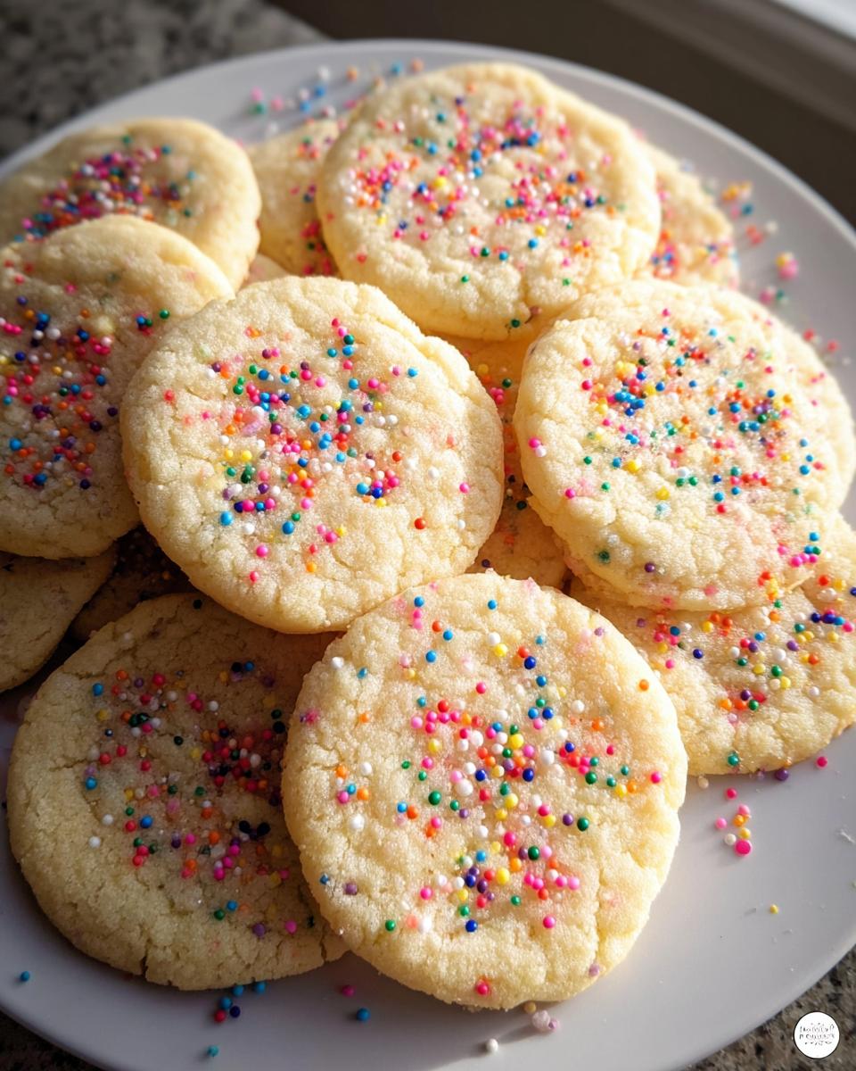 A pile of freshly baked Simple Sugar Cookies topped with vibrant rainbow sprinkles on a white plate.