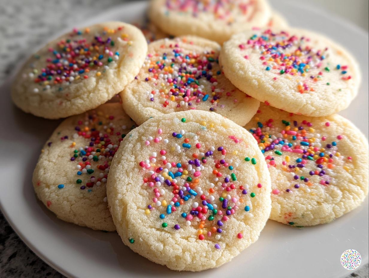 A close-up of several simple sugar cookies topped with a variety of colorful sprinkles on a white plate.