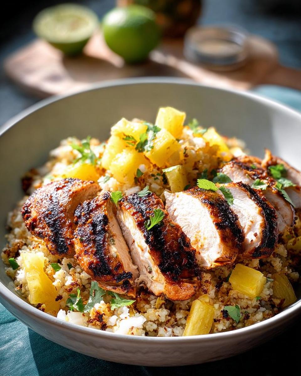 A healthy bowl with grilled chicken, pineapple chunks, and cauliflower rice, perfect for Simple Weekly Lunch Meal Prep.
