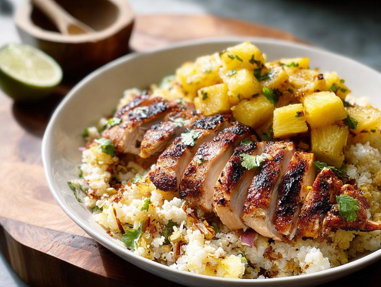 A bowl of Simple Weekly Lunch Meal Prep featuring sliced grilled chicken breast over cauliflower rice with diced pineapple and cilantro.