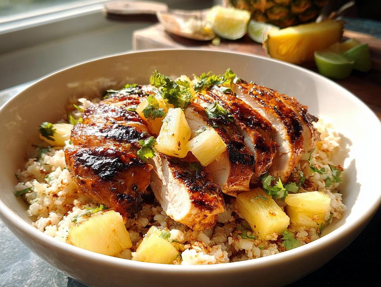 A bowl of Simple Weekly Lunch Meal Prep featuring sliced grilled chicken, pineapple chunks, and cauliflower rice, garnished with cilantro.