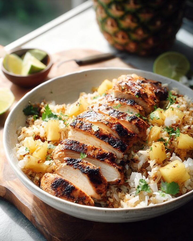 Close-up of a simple weekly lunch meal prep bowl with sliced grilled chicken, pineapple chunks, and rice, garnished with cilantro and lime wedges.