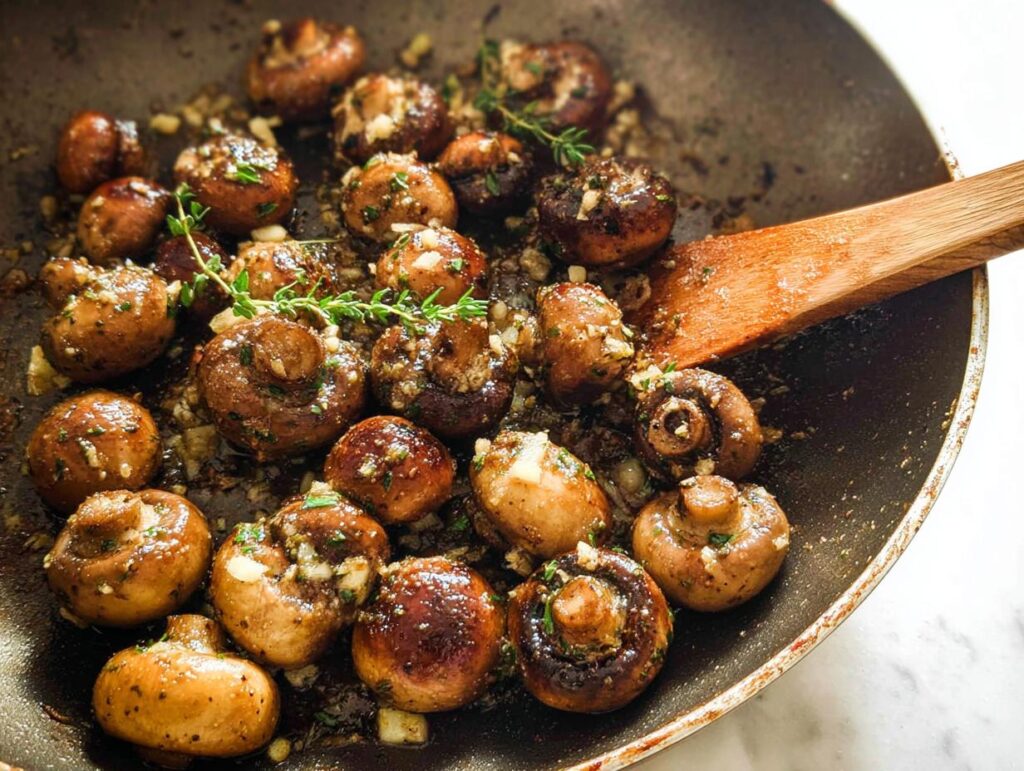 Close-up of whole button mushrooms simmering in a skillet with garlic butter sauce and fresh thyme, ready to serve.