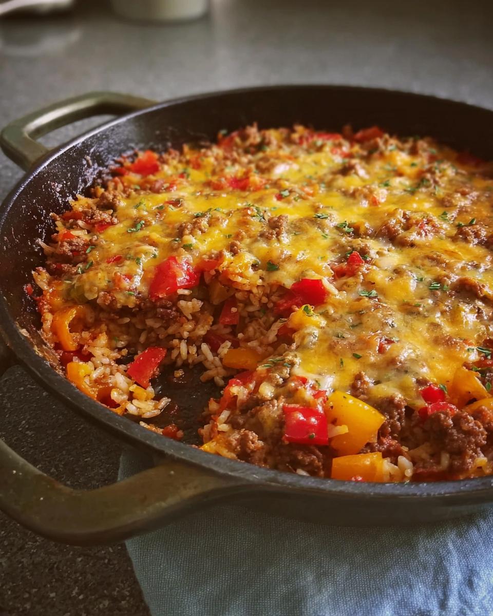 A close-up of Stuffed Pepper Casserole baked in a cast iron skillet, topped with melted cheddar cheese and herbs.