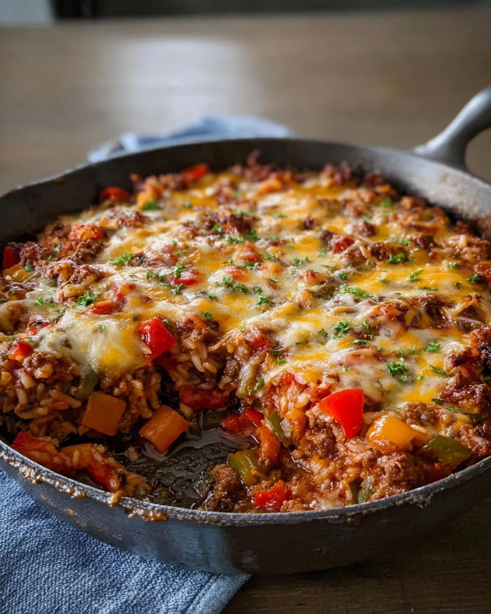 Close-up of a hearty Stuffed Pepper Casserole baked in a cast iron skillet, topped with melted cheese and parsley.