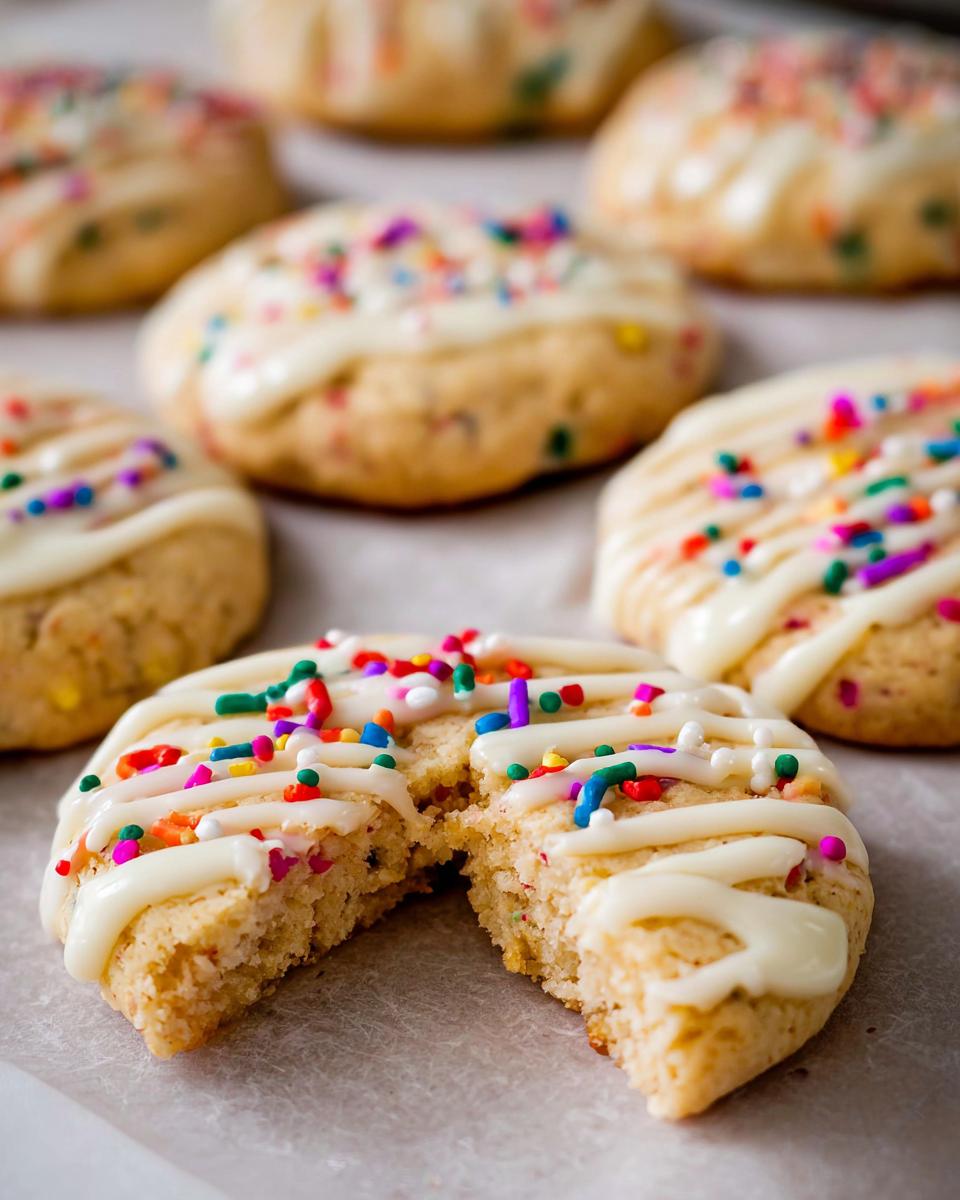 A Slice-and-Bake Party Cookie broken in half, showing the soft interior, drizzled with white icing and colorful sprinkles.