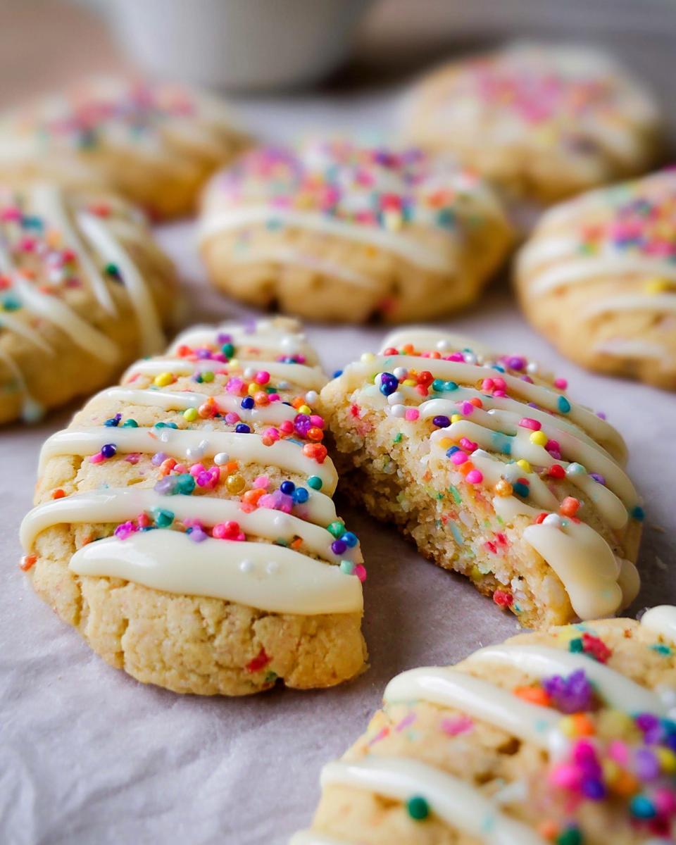A close-up of colorful Slice-and-Bake Party Cookies drizzled with white icing and rainbow sprinkles.