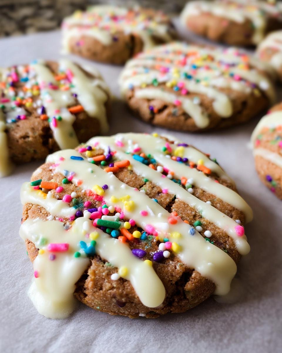 A close-up of freshly baked Slice-and-Bake Party Cookies drizzled with white icing and colorful sprinkles.