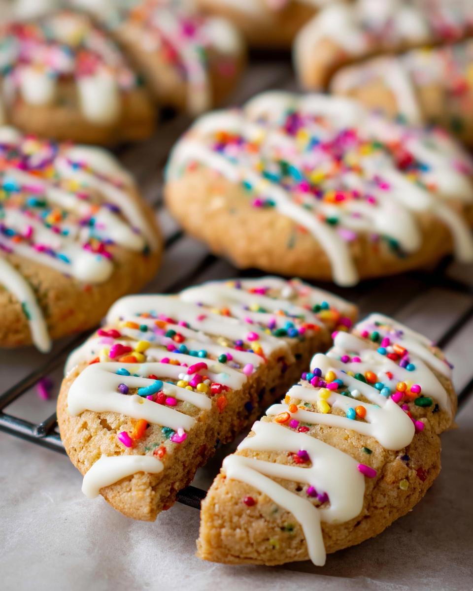 A close-up of freshly baked Slice-and-Bake Party Cookies, drizzled with white icing and colorful sprinkles.