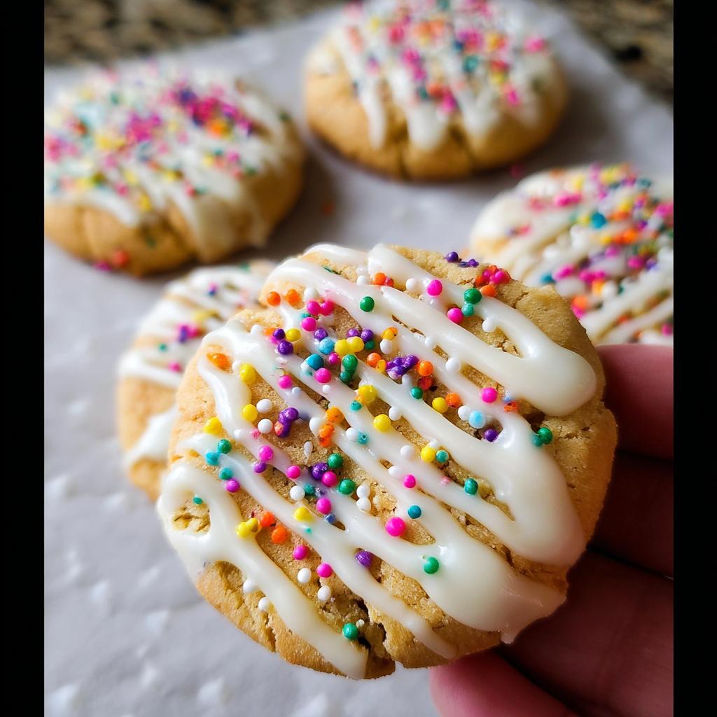A hand holding one decorated Slice-and-Bake Party Cookie topped with white icing drizzle and colorful sprinkles.