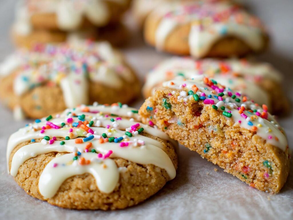 Close-up of delicious Slice-and-Bake Party Cookies drizzled with white icing and rainbow sprinkles.