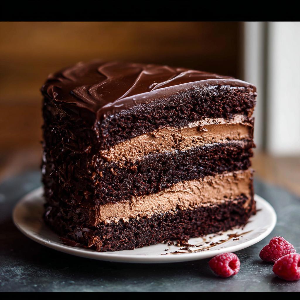 A decadent slice of Chocolate Mousse Layer Cake showing dark chocolate cake layers and light brown mousse filling.