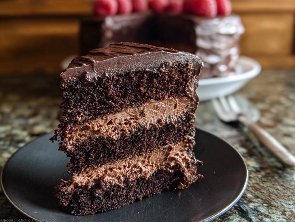 Close-up of a decadent slice of Chocolate Mousse Layer Cake showing dark layers and creamy filling.